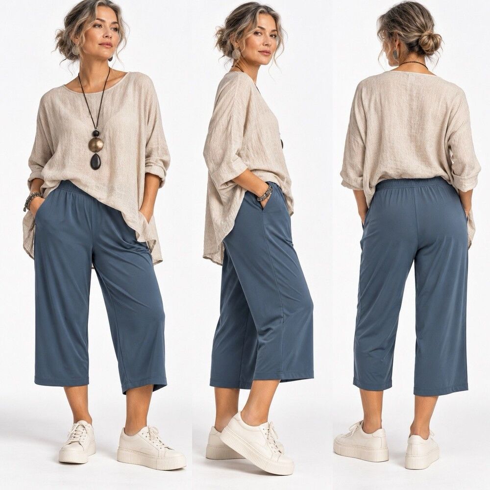 Chico's 2 Large “Travelers” BLUE Slinky Stretchy Knit Cropped Wide Leg Pants